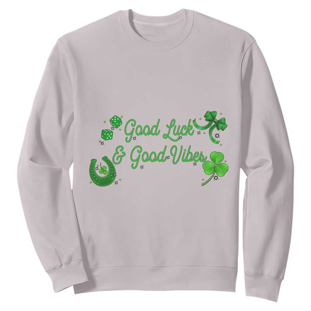St. Patrick's Day Sweatshirt Good Luck And Good Vibes Shamrock Coquette Bow TS09 Ice Gray Print Your Wear