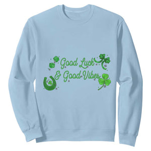 St. Patrick's Day Sweatshirt Good Luck And Good Vibes Shamrock Coquette Bow TS09 Light Blue Print Your Wear