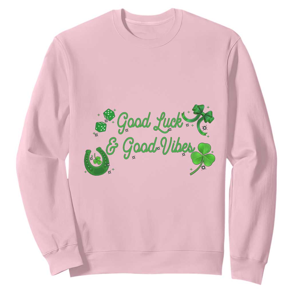 St. Patrick's Day Sweatshirt Good Luck And Good Vibes Shamrock Coquette Bow TS09 Light Pink Print Your Wear