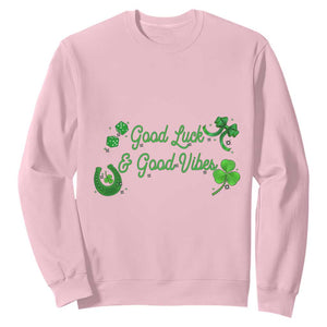 St. Patrick's Day Sweatshirt Good Luck And Good Vibes Shamrock Coquette Bow TS09 Light Pink Print Your Wear