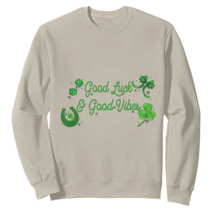 St. Patrick's Day Sweatshirt Good Luck And Good Vibes Shamrock Coquette Bow TS09 Sand Print Your Wear