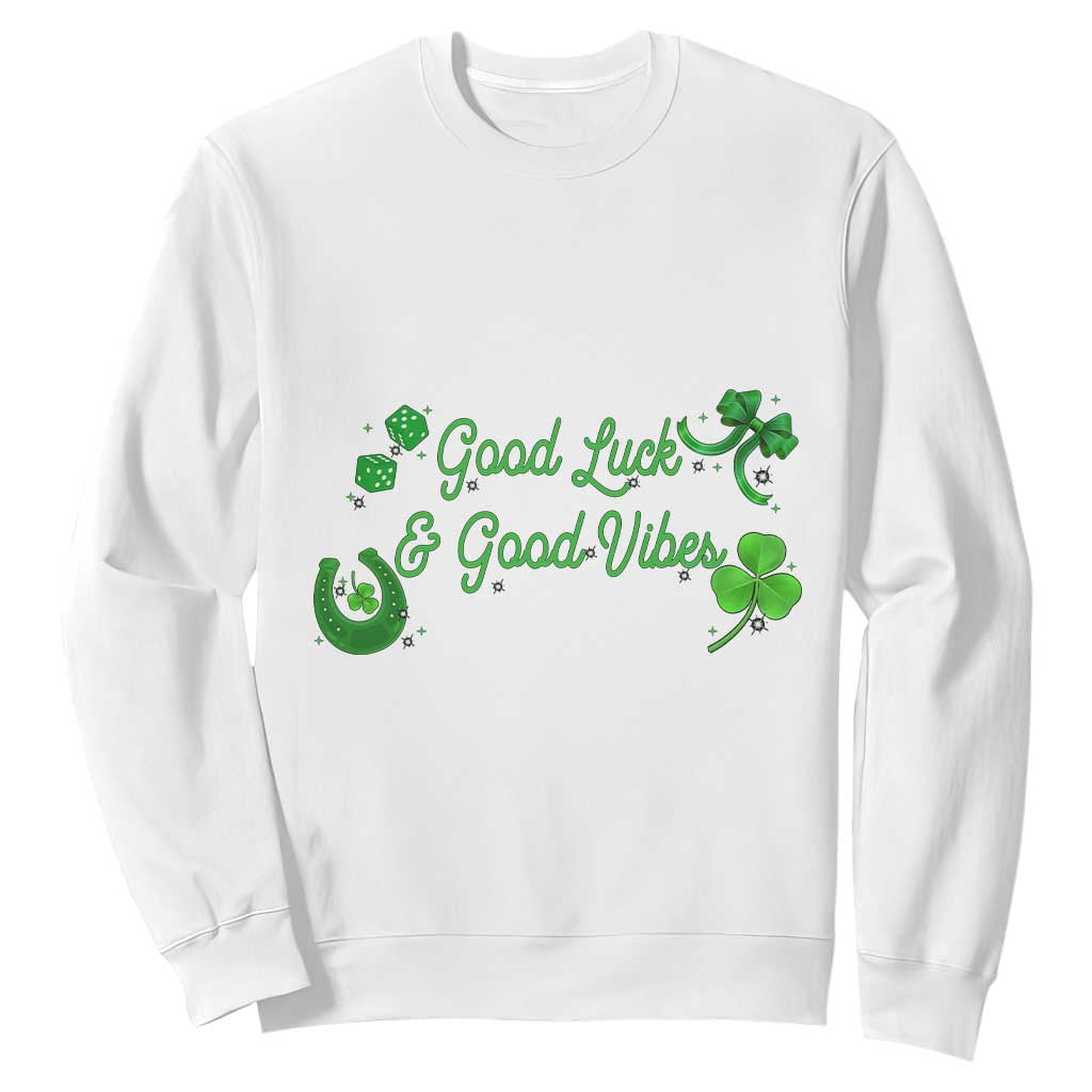 St. Patrick's Day Sweatshirt Good Luck And Good Vibes Shamrock Coquette Bow TS09 White Print Your Wear