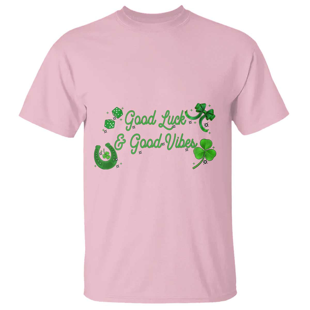 St. Patrick's Day T Shirt Good Luck And Good Vibes Shamrock Coquette Bow TS09 Light Pink Print Your Wear