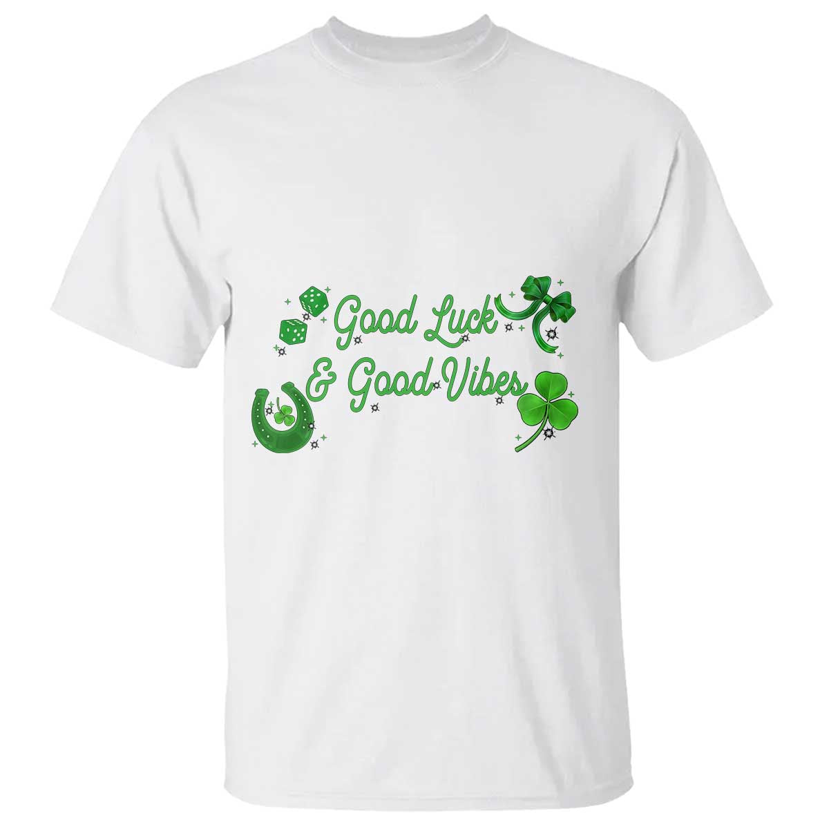 St. Patrick's Day T Shirt Good Luck And Good Vibes Shamrock Coquette Bow TS09 White Print Your Wear