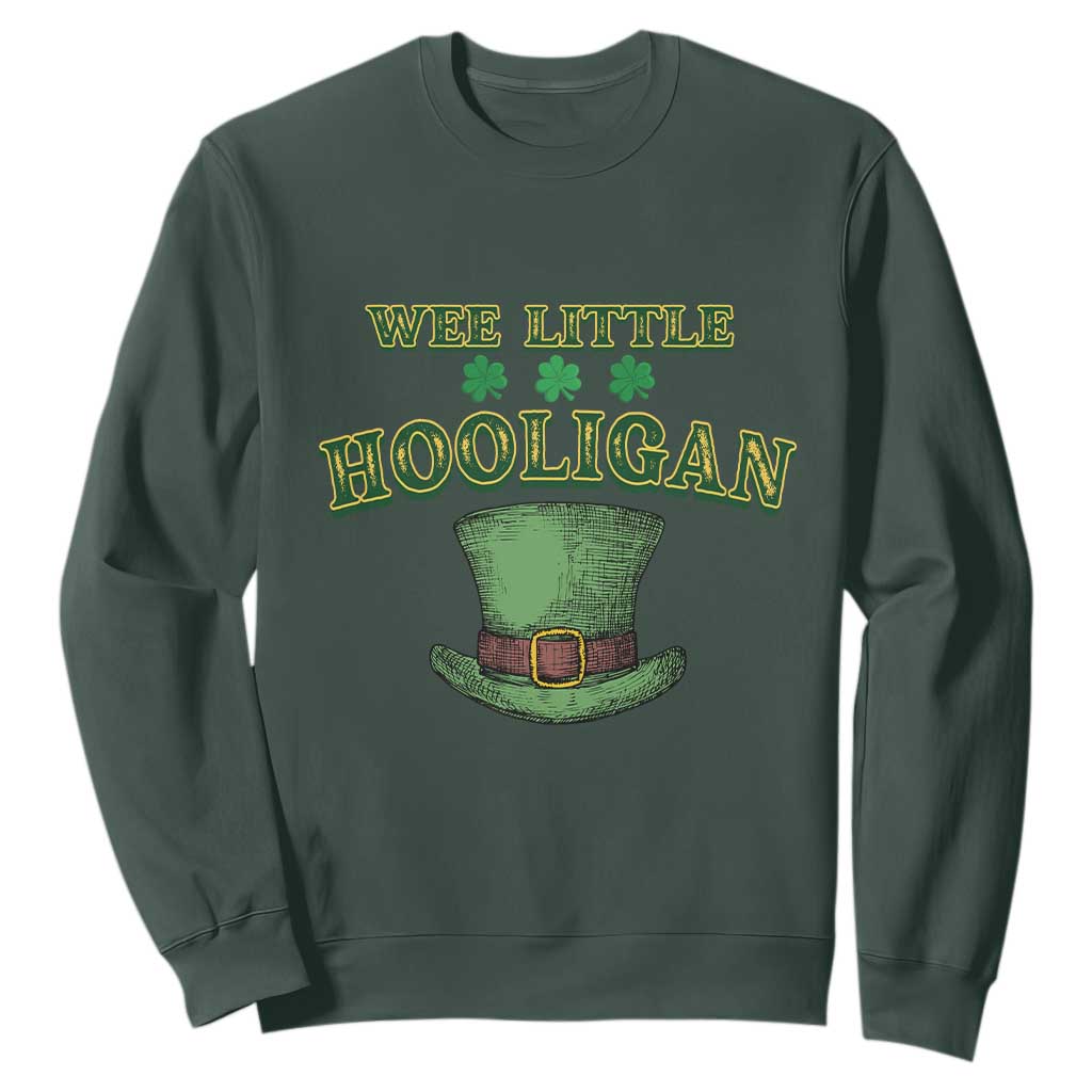 Funny St. Patrick's Day Sweatshirt Wee Little Hooligan Shamrock Leprechaun Hat TS09 Dark Forest Green Print Your Wear