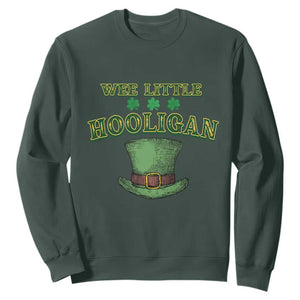Funny St. Patrick's Day Sweatshirt Wee Little Hooligan Shamrock Leprechaun Hat TS09 Dark Forest Green Print Your Wear