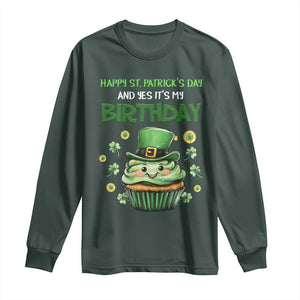 Funny St. Patrick's Day And Birthday Long Sleeve Shirt Shamrock Cupcake Leprechaun TS09 Dark Forest Green Print Your Wear