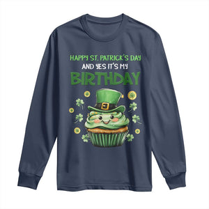 Funny St. Patrick's Day And Birthday Long Sleeve Shirt Shamrock Cupcake Leprechaun TS09 Navy Print Your Wear