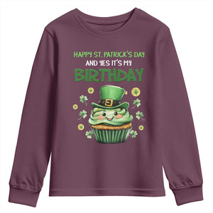 Funny St. Patrick's Day And Birthday Youth Sweatshirt Shamrock Cupcake Leprechaun TS09 Maroon Print Your Wear