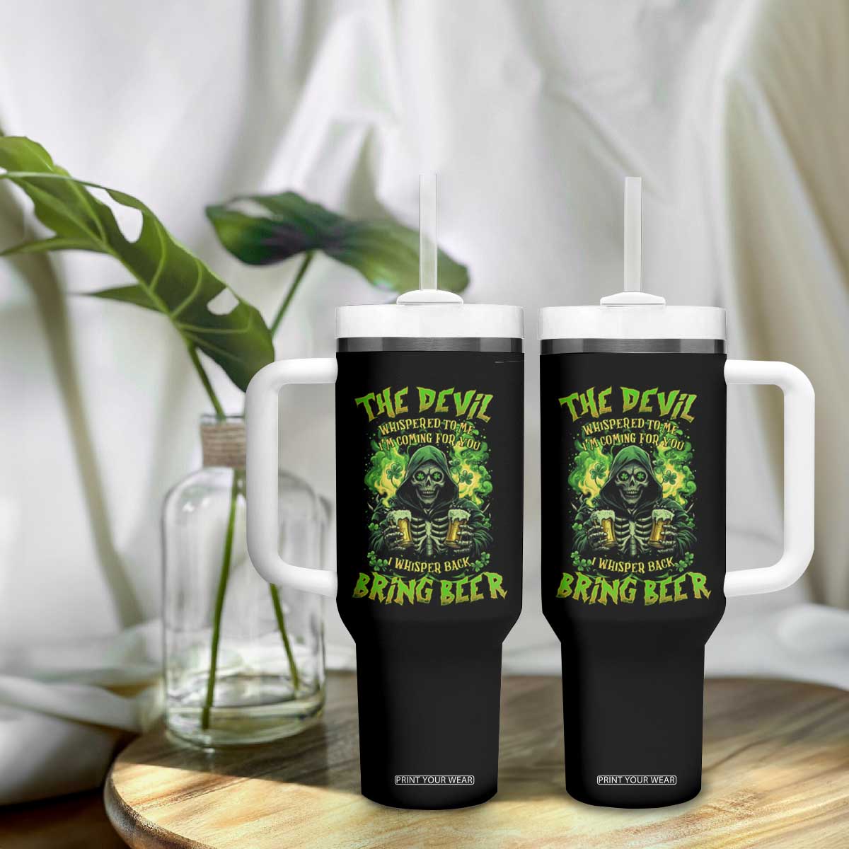 Funny Irish Beer Tumbler With Handle The Devil Whispered I'm Coming For You I Whisper Back Bring Beer TS09 Print Your Wear