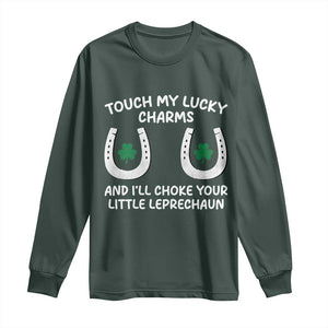 Funny St. Patrick's Day Long Sleeve Shirt Touch My Lucky Charm TS09 Dark Forest Green Print Your Wear