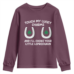 Funny St. Patrick's Day Youth Sweatshirt Touch My Lucky Charm TS09 Maroon Print Your Wear