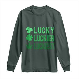 Funny St. Patrick's Day Weed Long Sleeve Shirt Lucky Luckiest Cannabis Shamrock TS09 Dark Forest Green Print Your Wear