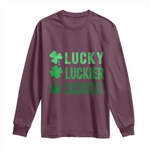 Funny St. Patrick's Day Weed Long Sleeve Shirt Lucky Luckiest Cannabis Shamrock TS09 Maroon Print Your Wear