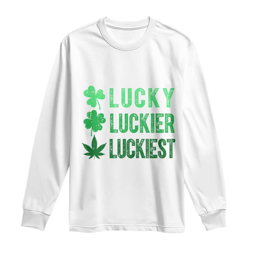 Funny St. Patrick's Day Weed Long Sleeve Shirt Lucky Luckiest Cannabis Shamrock TS09 White Print Your Wear