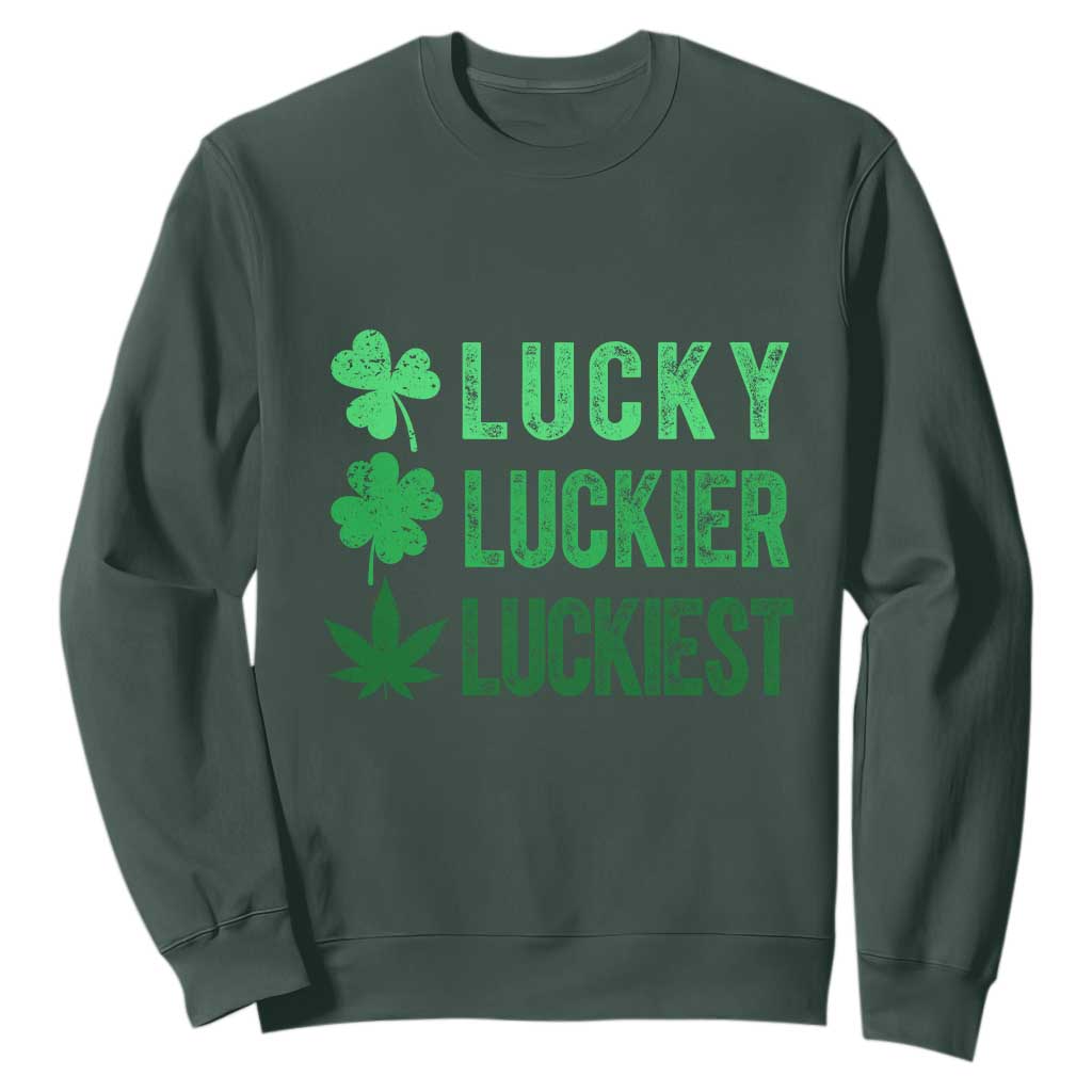 Funny St. Patrick's Day Weed Sweatshirt Lucky Luckiest Cannabis Shamrock TS09 Dark Forest Green Print Your Wear