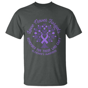 Alzheimer Awareness T Shirt Love Never Forgets Remember For Those Who Cannot Purple Ribbon TS09 Dark Heather Print Your Wear