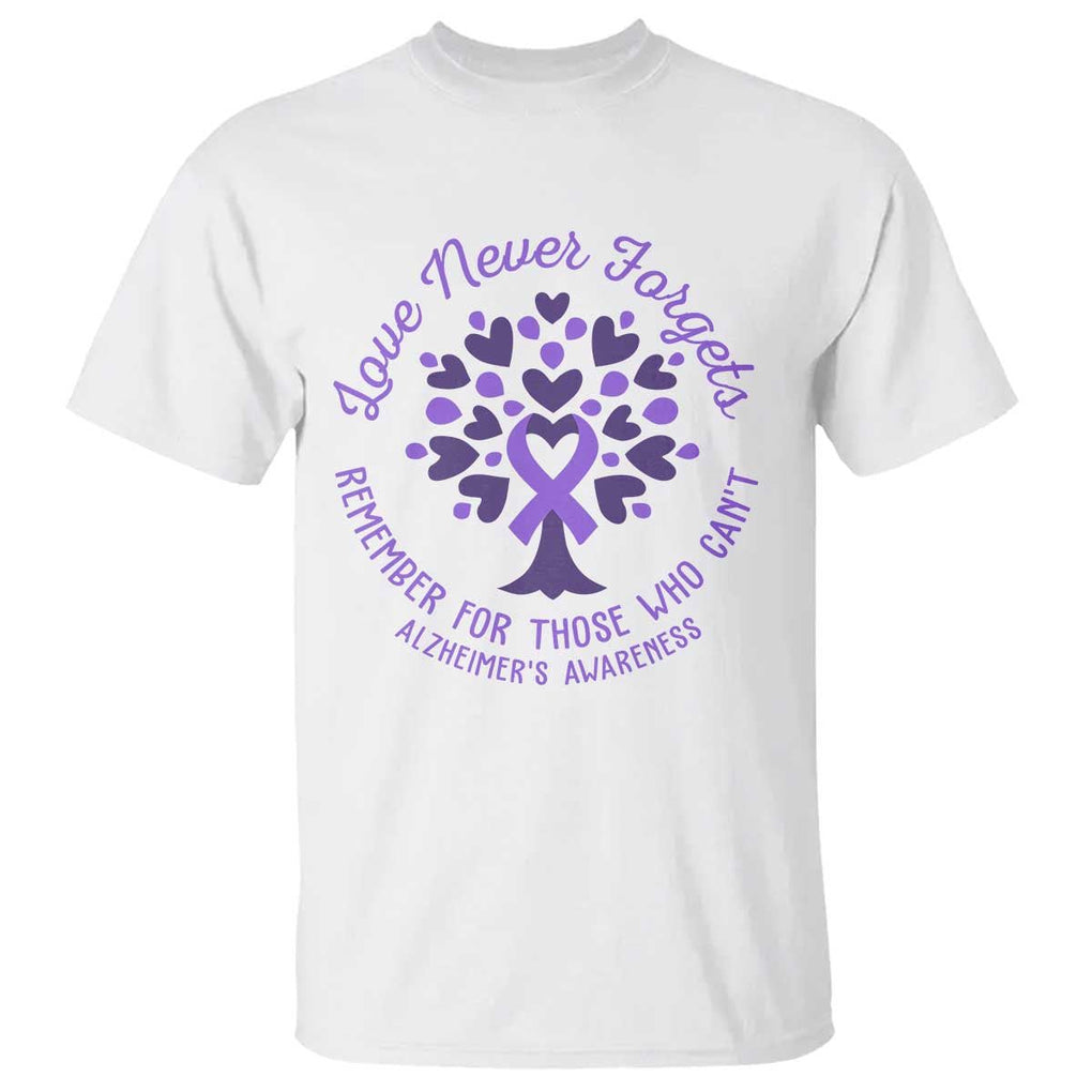 Alzheimer Awareness T Shirt Love Never Forgets Remember For Those Who Cannot Purple Ribbon TS09 White Print Your Wear