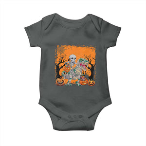 Funny Halloween Skeleton Riding Dinosaur Baby Onesie TS09 Dark Heather Print Your Wear