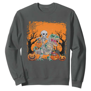 Funny Halloween Skeleton Riding Dinosaur Sweatshirt TS09 Dark Heather Print Your Wear