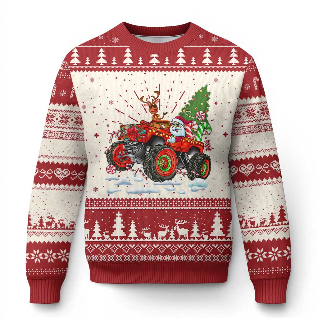 Funny Xmas Ugly Christmas Sweater Santa Reindeer Riding Monster Truck TS09 Red Print Your Wear