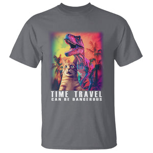 Selfie Cat Time Travel Can Be Dangerous Dinosaur Funny T Shirt TS09 Charcoal Printyourwear