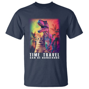 Selfie Cat Time Travel Can Be Dangerous Dinosaur Funny T Shirt TS09 Navy Printyourwear