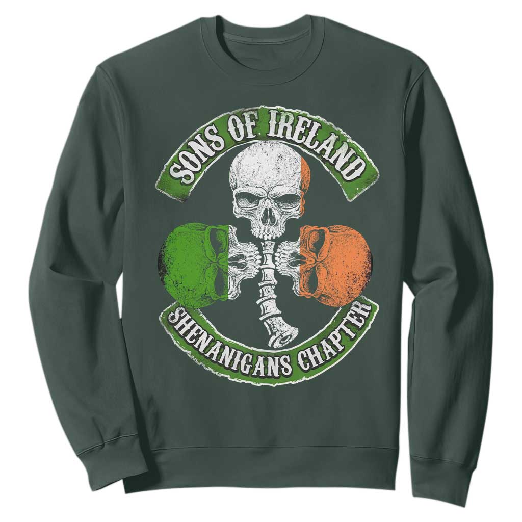 Irish Pride Sweatshirt Sons Of Ireland Shenanigans Chapter Skull Shamrock TS09 Dark Forest Green Print Your Wear