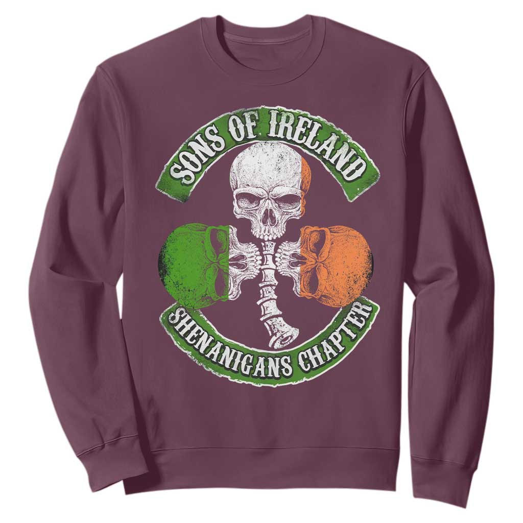 Irish Pride Sweatshirt Sons Of Ireland Shenanigans Chapter Skull Shamrock TS09 Maroon Print Your Wear