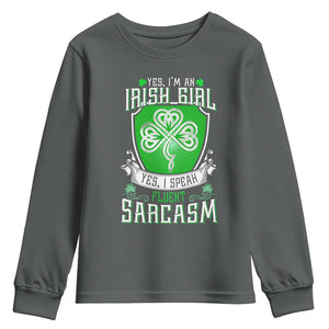 Funny Irish Girl Youth Sweatshirt I Speak Fluent Sarcasm TS09 Dark Heather Print Your Wear
