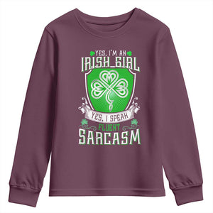 Funny Irish Girl Youth Sweatshirt I Speak Fluent Sarcasm TS09 Maroon Print Your Wear