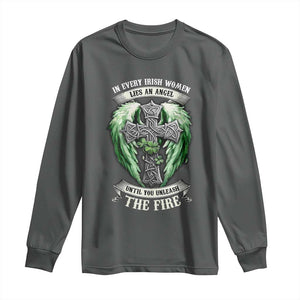 Irish Women Long Sleeve Shirt In Every Irish Woman Lies An Angel Until You Unleash The Fire TS09 Dark Heather Print Your Wear