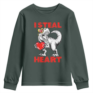 Valentine's Day Youth Sweatshirt Dinosaur I Steal Hearts Kid Boy Men Lover TS09 Dark Forest Green Print Your Wear