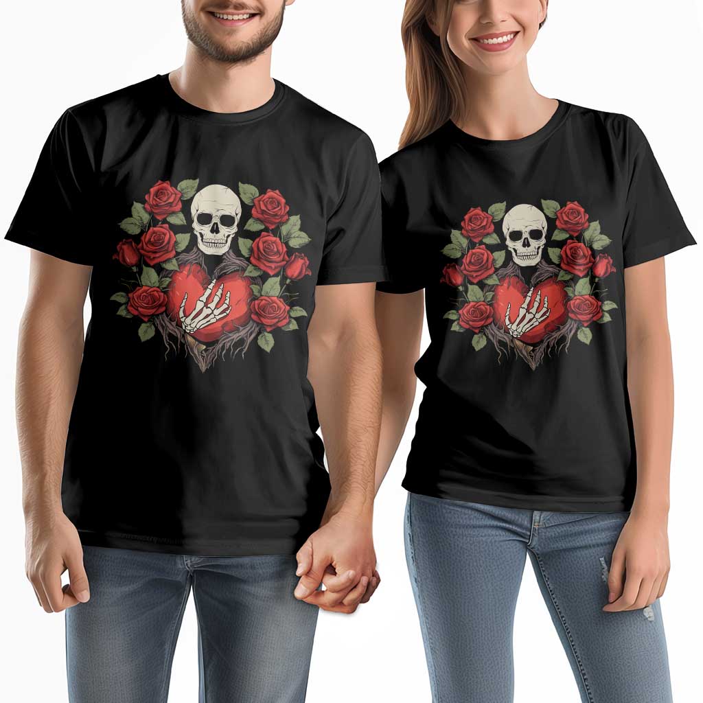 Valentine's Day Couple Matching T Shirt Skeleton Hand Heart Sign Red Rose Flower Gothic TS09 Black Print Your Wear