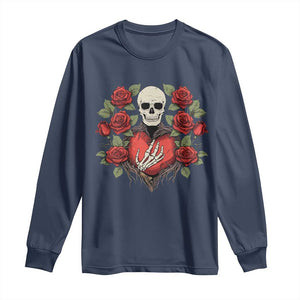 Valentine's Day Long Sleeve Shirt Skeleton Hand Heart Sign Red Rose Flower Gothic TS09 Navy Print Your Wear