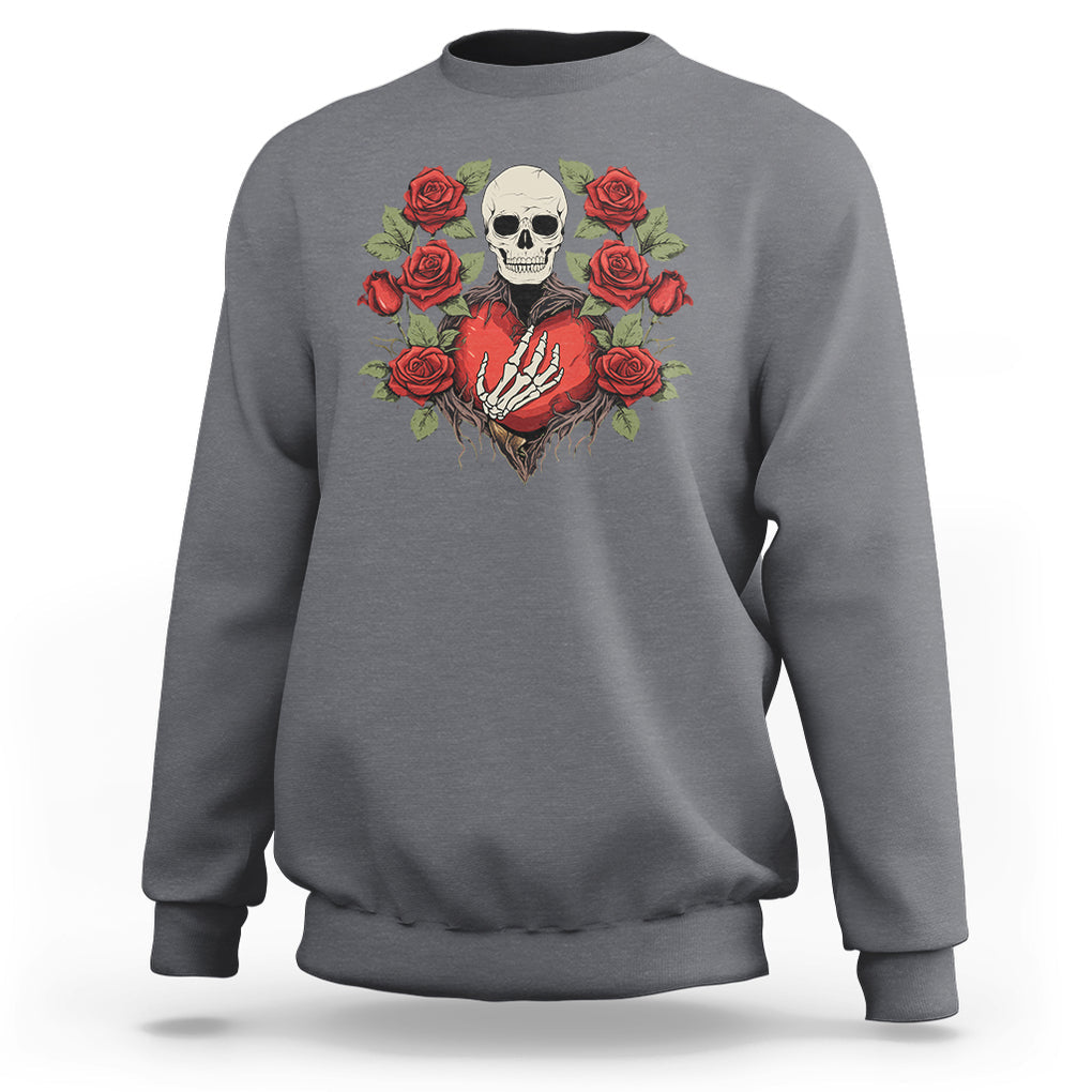 Valentine's Day Sweatshirt Skeleton Hand Heart Sign Red Rose Flower Gothic TS09 Charcoal Printyourwear