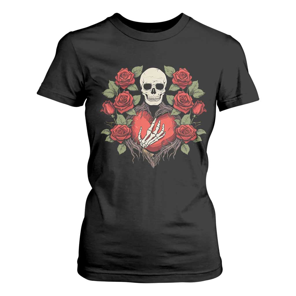 Valentine's Day T Shirt For Women Skeleton Hand Heart Sign Red Rose Flower Gothic TS09 Black Print Your Wear