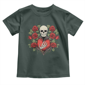 Valentine's Day Toddler T Shirt Skeleton Hand Heart Sign Red Rose Flower Gothic TS09 Dark Forest Green Print Your Wear