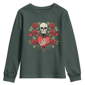 Valentine's Day Youth Sweatshirt Skeleton Hand Heart Sign Red Rose Flower Gothic TS09 Dark Forest Green Print Your Wear