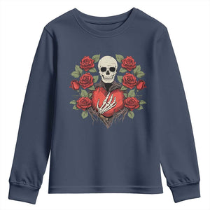 Valentine's Day Youth Sweatshirt Skeleton Hand Heart Sign Red Rose Flower Gothic TS09 Navy Print Your Wear