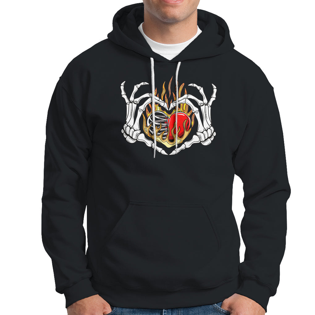 Valentine's Day Hoodie Skeleton Hand Love Sign Holding Fire Red Heart TS09 Black Printyourwear