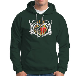 Valentine's Day Hoodie Skeleton Hand Love Sign Holding Fire Red Heart TS09 Dark Forest Green Printyourwear