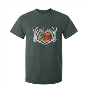 Valentine's Day T Shirt For Kid Skeleton Hand Love Sign Holding Fire Red Heart TS09 Dark Forest Green Print Your Wear