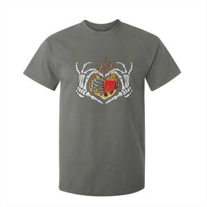 Valentine's Day T Shirt For Kid Skeleton Hand Love Sign Holding Fire Red Heart TS09 Military Green Print Your Wear