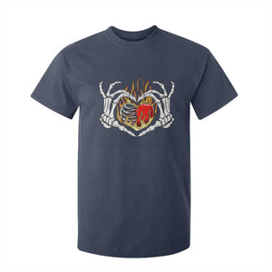 Valentine's Day T Shirt For Kid Skeleton Hand Love Sign Holding Fire Red Heart TS09 Navy Print Your Wear