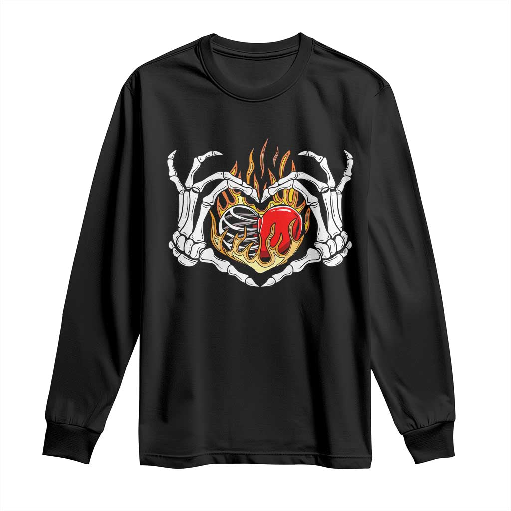 Valentine's Day Long Sleeve Shirt Skeleton Hand Love Sign Holding Fire Red Heart TS09 Black Print Your Wear