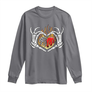 Valentine's Day Long Sleeve Shirt Skeleton Hand Love Sign Holding Fire Red Heart TS09 Charcoal Print Your Wear