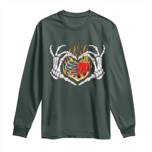 Valentine's Day Long Sleeve Shirt Skeleton Hand Love Sign Holding Fire Red Heart TS09 Dark Forest Green Print Your Wear