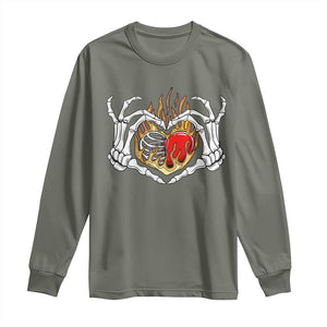 Valentine's Day Long Sleeve Shirt Skeleton Hand Love Sign Holding Fire Red Heart TS09 Military Green Print Your Wear