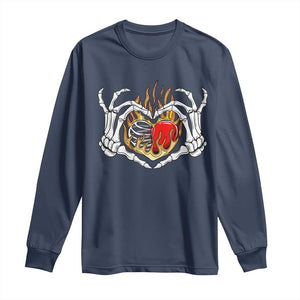 Valentine's Day Long Sleeve Shirt Skeleton Hand Love Sign Holding Fire Red Heart TS09 Navy Print Your Wear